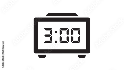 Digital clock with screen displaying 3:00 in a minimalist black and white vector illustration style, isolated on white background.