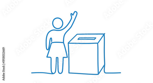 A simple blue line drawing depicts a person voting at a ballot box high quality professional