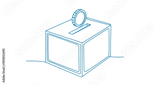 A simple line drawing depicts a blue piggy bank with a coin entering the slot