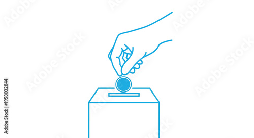 A simple blue line drawing depicts a hand dropping a coin into a donation box