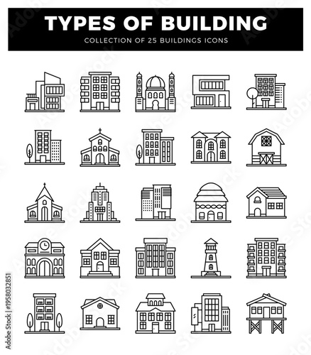 building icons in clean line art style.  Various architectural types including residential. commercial. and religious structures presented on white background.
