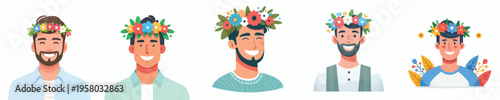 half body vector of happy man wearing flower crown in spring