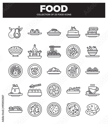 flat design food icons in a grid layout. white background.