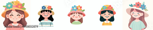 half body vector happy little girl wearing flowers in spring