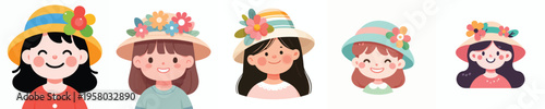 half body vector happy little girl wearing flowers in spring