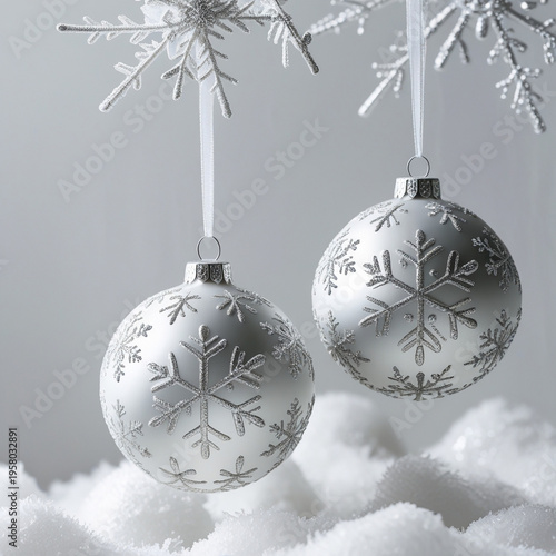 Silver Christmas Balls with Snowflake Pattern on Winter Snow Background - Festive Holiday Decoration