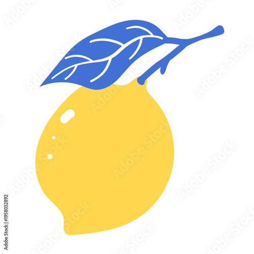 Lemon Branch Vector Set with Citrus Fruits and Leaves in Blue and Yellow Colors. Hand drawn Flat Style Vector Illustrations