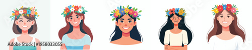 half body vector of happy woman wearing flower crown in spring