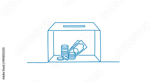 A simple line drawing depicts a donation box containing money including coins and bills high quality