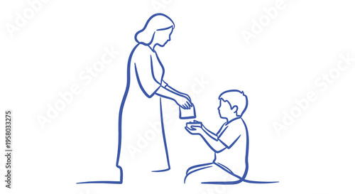 A simple blue line drawing depicts a woman handing something to a kneeling boy high quality