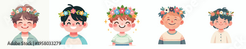 half body vector of happy little boy wearing flower crown in spring