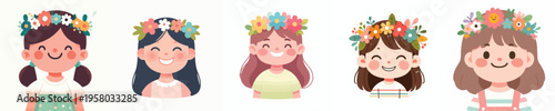 half body vector of happy little girl wearing flower crown in spring