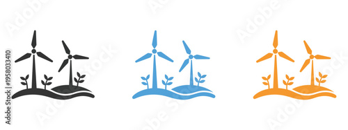Wind Turbine Icons Renewable Energy Windmill Power Clean Electricity Eco Green Alternative Environment Technology Farm Vector Illustration Set Isolated