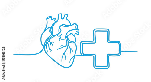 A continuous line drawing depicts a human heart and a medical cross symbol high quality professional