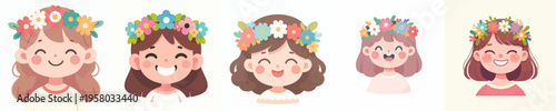 half body vector of happy little girl wearing flower crown in spring