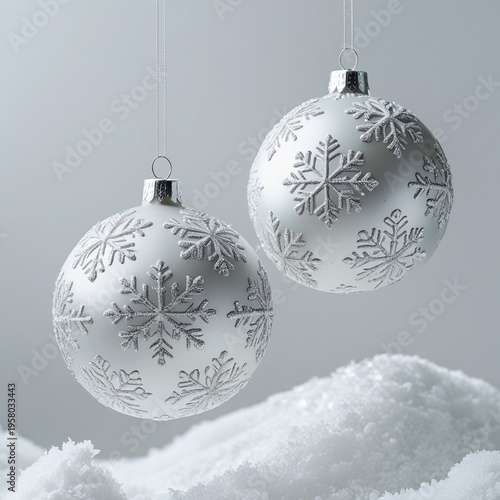 Silver Christmas Balls with Snowflake Pattern on Snow Background - Winter Holiday Decoration