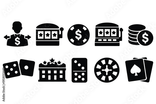 Assorted collection of gambling and casino themed icons including slot machines poker chips and dice