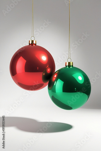 Red and Green Christmas Balls Hanging on Gray Background with Shadow - Festive Decoration