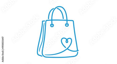 A simple line drawing depicts a blue shopping bag with a heart shaped doodle high quality professional