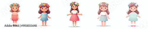 vector of happy little girl standing wearing flower crown in spring