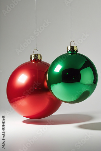 Red and Green Christmas Balls Hanging on Light Background - Festive Xmas Ornament