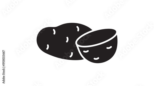 Potato icon with a simple black silhouette, depicting a whole tuber next to a halved potato, isolated on white.