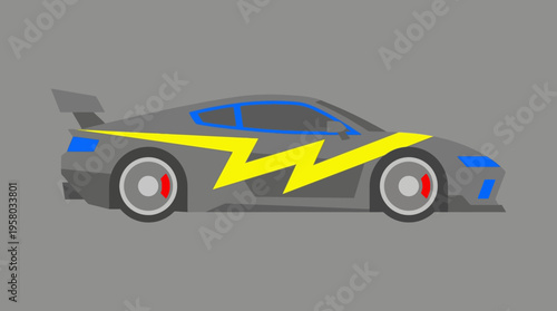 Flat design illustration of a grey sports car with a yellow lightning bolt graphic and blue accents, depicted in a side profile view.