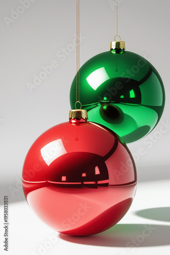 Red and Green Christmas Balls Hanging on White Background - Festive Holiday Ornament