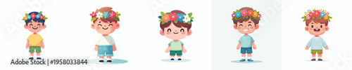 vector of happy little boy standing wearing flower crown in spring