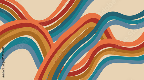 Retro wavy stripes pattern with flowing lines in warm and cool colors on a beige background, evoking a vintage aesthetic.
