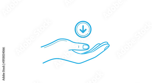 A blue line drawing depicts a hand holding a coin with a downward arrow high quality