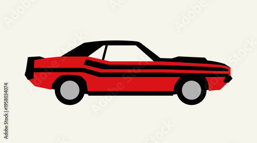 A stylized red muscle car with black stripes and a black roof, depicted in a side profile illustration.