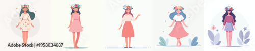 vector of happy woman standing wearing flower crown in spring