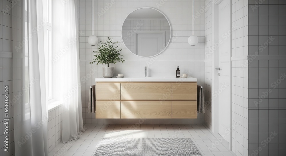 Fototapeta premium Bright Modern Bathroom Vanity With Natural Light And Greenery