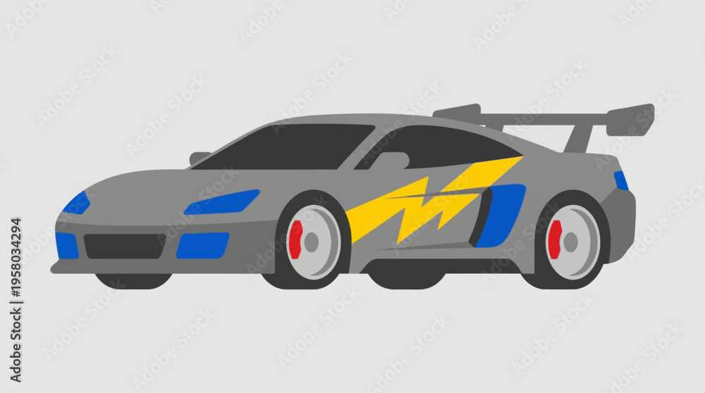 Fototapeta premium Grey sports car with yellow lightning bolt graphic and blue accents, featuring a large spoiler, in a flat vector illustration style.