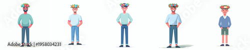 vector of happy man standing wearing flower crown in spring