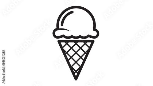 Ice cream cone simple outline icon with a single scoop of dessert on a white background featuring sweet, food, treat with summer and cold elements