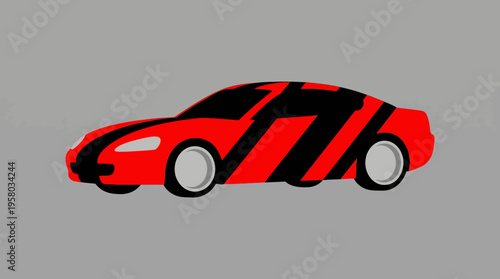 Stylized red sports car with bold black racing stripes on its side, presented as a graphic illustration against a plain grey background.