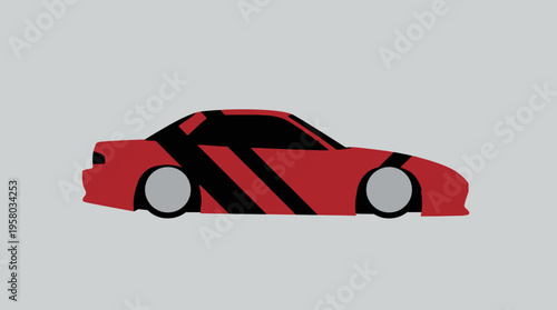 A minimalist vector illustration of a red sports car with black diagonal stripes on its side, depicted in a clean side profile against a light grey background.