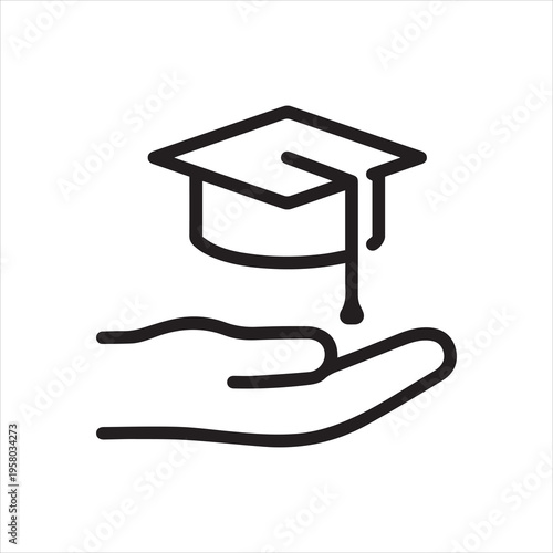 Hand holding graduation cap, linear icon. Education support and scholarship. Line with editable stroke.