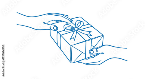 A minimalistic line drawing depicts hands exchanging a gift box tied with a bow high quality