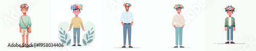 vector of happy man standing wearing flower crown in spring
