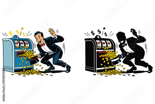 Cartoon illustration of two enthusiastic men in suits collecting gold coins from jackpot slot machines showing winning combinations and excitement