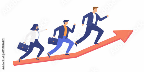 Business professionals running up a red arrow symbolizing growth and success