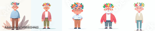 vector of happy grandpa standing wearing flower crown in spring