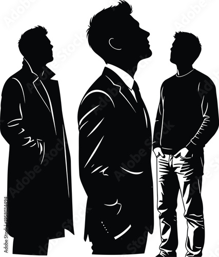 Black Silhouette Of Men In Professional Business Suit Overcoat and Casual Sweaters, Flat Vector Illustration Isolated On White Background Set