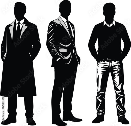 Black Silhouette Of Men In Professional Business Suit Trench Coat And Casual Wear, Flat Vector Illustration Isolated On White Background