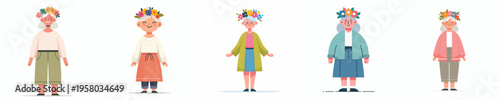 vector of happy grandma standing wearing flower crown in spring