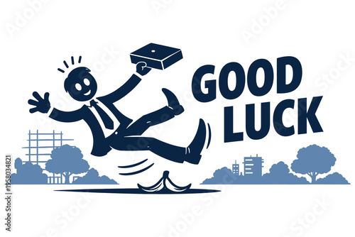 Cheerful cartoon character slipping on banana peel while holding a briefcase illustrating good luck concept in a positive way