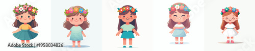 vector of happy little girl standing wearing flower crown in spring